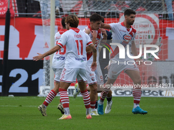 Mantova 1911 celebrates after scoring a goal during the Italian Serie B soccer championship football match between Mantova Calcio 1911 and B...