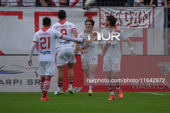 Mantova 1911 celebrates after scoring a goal during the Italian Serie B soccer championship football match between Mantova Calcio 1911 and B...