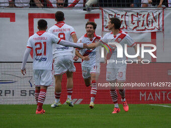 Mantova 1911 celebrates after scoring a goal during the Italian Serie B soccer championship football match between Mantova Calcio 1911 and B...