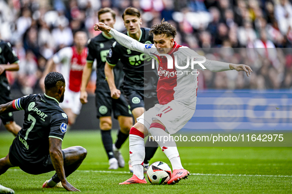 AFC Ajax Amsterdam forward Mika Godts plays during the match between Ajax and Groningen at the Johan Cruijff ArenA for the Dutch Eredivisie...