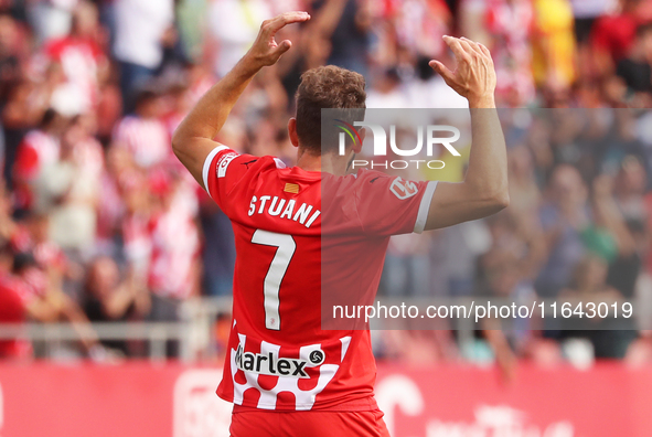 Cristhian Stuani plays during the match between Girona FC and Athletic Club in week 9 of LaLiga EA Sport at the Montilivi Stadium in Girona,...