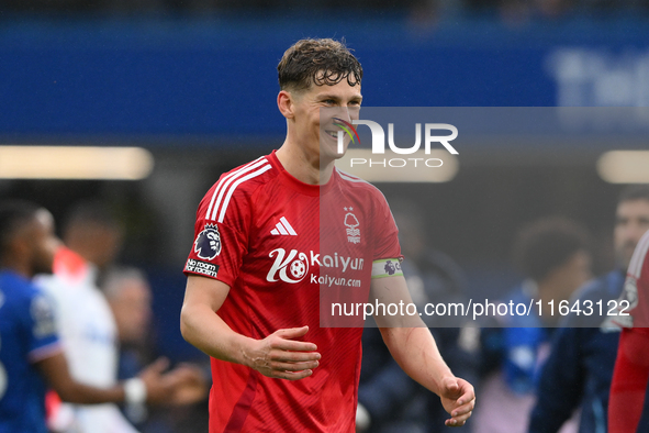 Ryan Yates of Nottingham Forest looks relieved as the final whistle blows during the Premier League match between Chelsea and Nottingham For...