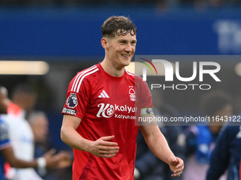 Ryan Yates of Nottingham Forest looks relieved as the final whistle blows during the Premier League match between Chelsea and Nottingham For...