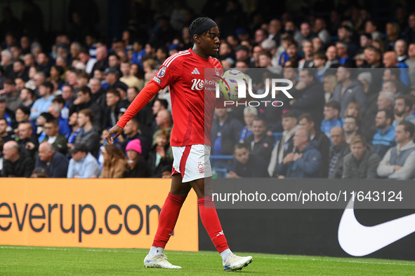 Anthony Elanga of Nottingham Forest walks over to take a corner kick during the Premier League match between Chelsea and Nottingham Forest a...