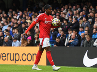 Anthony Elanga of Nottingham Forest walks over to take a corner kick during the Premier League match between Chelsea and Nottingham Forest a...