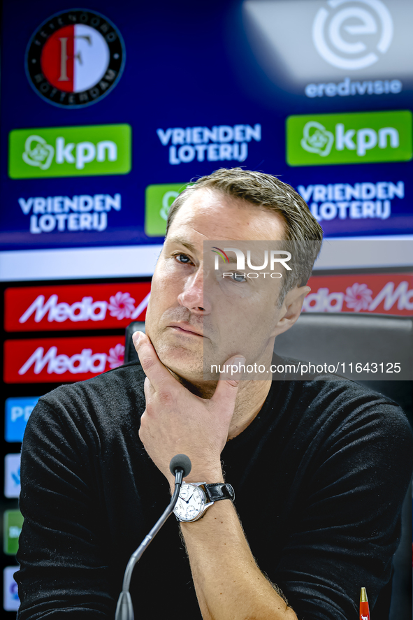 Feyenoord Rotterdam trainer Brian Priske speaks during the press conference after the match between Feyenoord and Twente at the Feyenoord st...