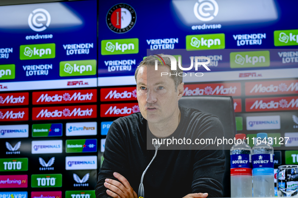 Feyenoord Rotterdam trainer Brian Priske speaks during the press conference after the match between Feyenoord and Twente at the Feyenoord st...