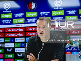 Feyenoord Rotterdam trainer Brian Priske speaks during the press conference after the match between Feyenoord and Twente at the Feyenoord st...