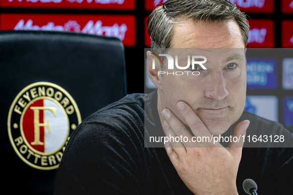 Feyenoord Rotterdam trainer Brian Priske speaks during the press conference after the match between Feyenoord and Twente at the Feyenoord st...