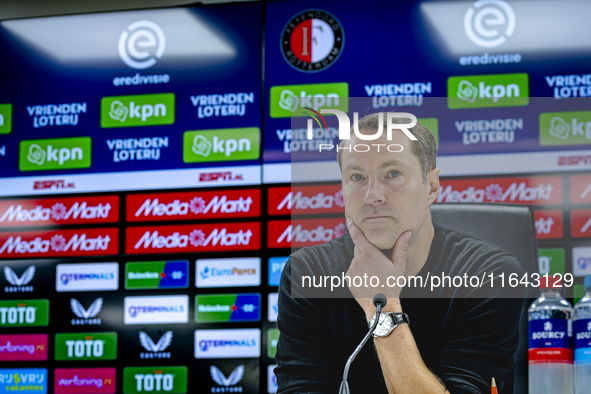 Feyenoord Rotterdam trainer Brian Priske speaks during the press conference after the match between Feyenoord and Twente at the Feyenoord st...