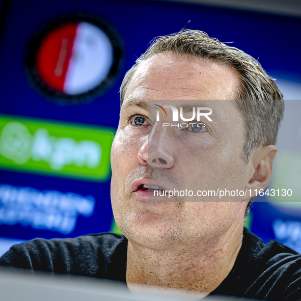 Feyenoord Rotterdam trainer Brian Priske speaks during the press conference after the match between Feyenoord and Twente at the Feyenoord st...