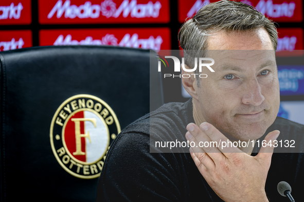 Feyenoord Rotterdam trainer Brian Priske speaks during the press conference after the match between Feyenoord and Twente at the Feyenoord st...