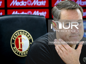 Feyenoord Rotterdam trainer Brian Priske speaks during the press conference after the match between Feyenoord and Twente at the Feyenoord st...