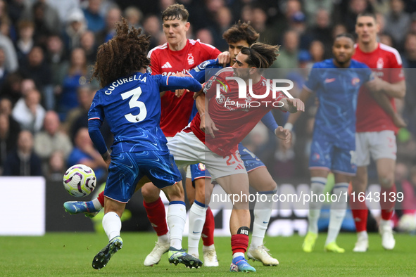 Jota Silva of Nottingham Forest wins the ball from Marc Cucurella of Chelsea during the Premier League match between Chelsea and Nottingham...