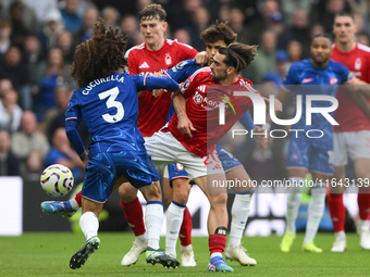 Jota Silva of Nottingham Forest wins the ball from Marc Cucurella of Chelsea during the Premier League match between Chelsea and Nottingham...