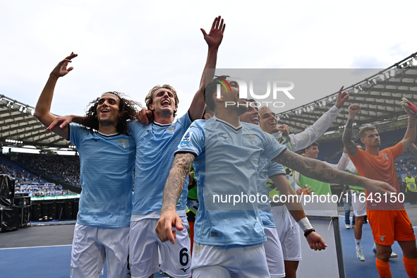 Matteo Guendouzi, Nicolo Rovella, and Mattia Zaccagni of S.S. Lazio participate during the 7th day of the Serie A Championship between S.S....