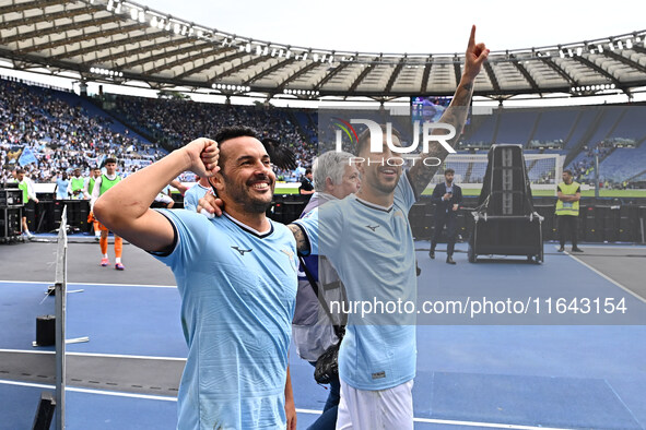 Pedro and Mattia Zaccagni of S.S. Lazio participate in the 7th day of the Serie A Championship between S.S. Lazio and Empoli F.C. at the Oly...