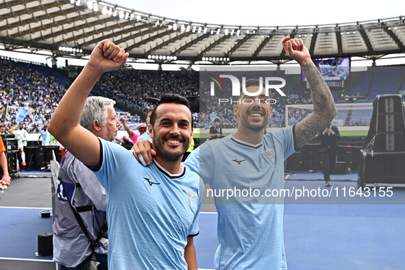 Pedro and Mattia Zaccagni of S.S. Lazio participate in the 7th day of the Serie A Championship between S.S. Lazio and Empoli F.C. at the Oly...