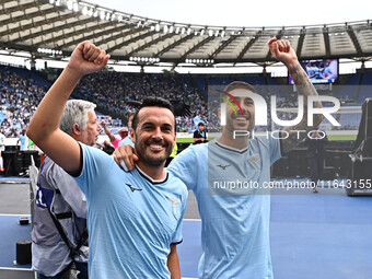 Pedro and Mattia Zaccagni of S.S. Lazio participate in the 7th day of the Serie A Championship between S.S. Lazio and Empoli F.C. at the Oly...