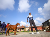 A Nepali customer holds a he-goat after selecting it at a subsidized outlet operated by the government in Kathmandu, Nepal, on October 6, 20...