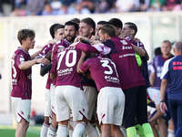 Players of Salernitana celebrate a goal during the Serie B match between Palermo and Salernitana at the Stadio ''Renzo Barbera'' in Palermo,...