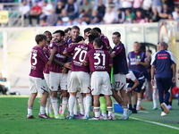 Players of Salernitana celebrate a goal during the Serie B match between Palermo and Salernitana at the Stadio ''Renzo Barbera'' in Palermo,...