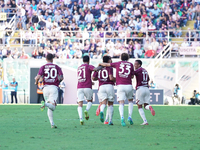 Players of Salernitana celebrate a goal during the Serie B match between Palermo and Salernitana at the Stadio ''Renzo Barbera'' in Palermo,...