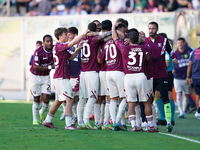 Players of Salernitana celebrate a goal during the Serie B match between Palermo and Salernitana at the Stadio ''Renzo Barbera'' in Palermo,...