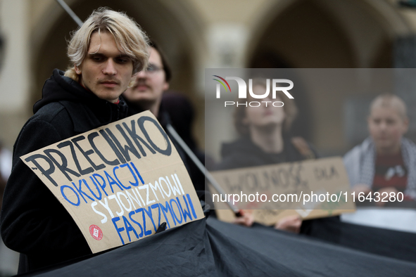 Participants in a pro-Palestinian protest gather on the Main Square and then proceed to the US Consulate and the Jagiellonian University in...