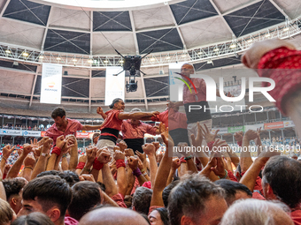 Members of Colla Vella dels Xiquets de Valls celebrate the victory after building a human tower during the Concurs de Castells competition i...