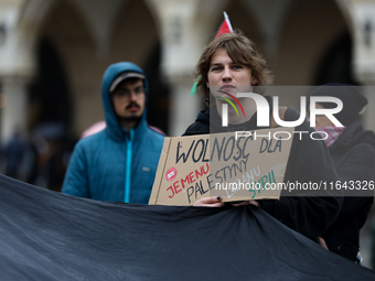 Participants in a pro-Palestinian protest gather on the Main Square and then proceed to the US Consulate and the Jagiellonian University in...