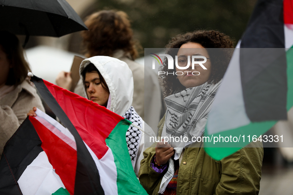 Participants in a pro-Palestinian protest gather on the Main Square and then proceed to the US Consulate and the Jagiellonian University in...