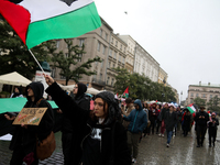 Participants in a pro-Palestinian protest gather on the Main Square and then proceed to the US Consulate and the Jagiellonian University in...