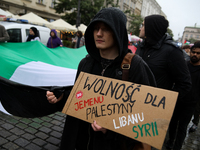 Participants in a pro-Palestinian protest gather on the Main Square and then proceed to the US Consulate and the Jagiellonian University in...