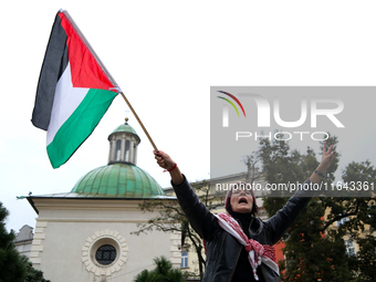 Participants in a pro-Palestinian protest gather on the Main Square and then proceed to the US Consulate and the Jagiellonian University in...