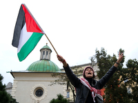 Participants in a pro-Palestinian protest gather on the Main Square and then proceed to the US Consulate and the Jagiellonian University in...