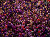 Members of Moixiganguers d'Igualada build a human tower during the Concurs de Castells competition in Tarragona, Spain, on October 6, 2024....