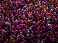 Members of Moixiganguers d'Igualada build a human tower during the Concurs de Castells competition in Tarragona, Spain, on October 6, 2024....