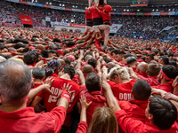 Members of Colla Joves Xiquets de Valls build a human tower during the Concurs de Castells competition in Tarragona, Spain, on October 6, 20...