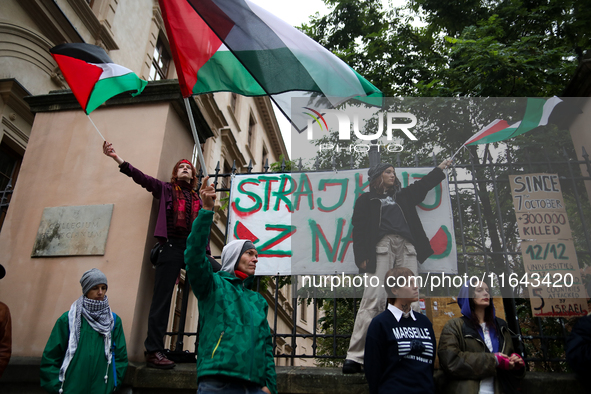 Participants in a pro-Palestinian protest gather on the Main Square and then proceed to the US Consulate and the Jagiellonian University in...