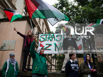 Participants in a pro-Palestinian protest gather on the Main Square and then proceed to the US Consulate and the Jagiellonian University in...