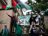 Participants in a pro-Palestinian protest gather on the Main Square and then proceed to the US Consulate and the Jagiellonian University in...