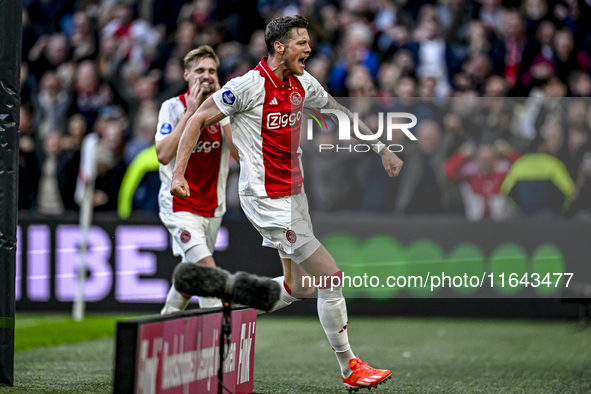 AFC Ajax Amsterdam forward Wout Weghorst celebrates the 2-1 goal during the match between Ajax and Groningen at the Johan Cruijff ArenA for...