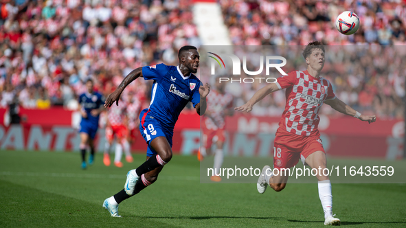 Inaki Williams of Athletic Club de Bilbao and Ladislav Krejci of Girona FC are in action during the LaLiga EA Sports match between Girona FC...