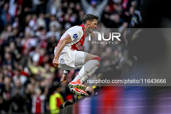 AFC Ajax Amsterdam forward Wout Weghorst celebrates the 2-1 goal during the match between Ajax and Groningen at the Johan Cruijff ArenA for...