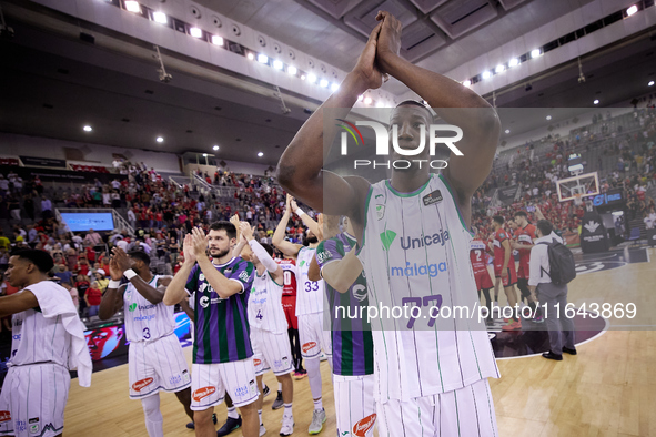 Yankuba Sima of Unicaja Malaga celebrates a win after the Liga Endesa ACB league basketball match between Coviran Granada and Unicaja Malaga...