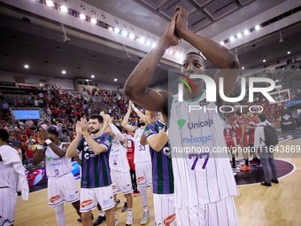 Yankuba Sima of Unicaja Malaga celebrates a win after the Liga Endesa ACB league basketball match between Coviran Granada and Unicaja Malaga...