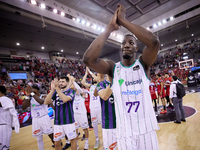 Yankuba Sima of Unicaja Malaga celebrates a win after the Liga Endesa ACB league basketball match between Coviran Granada and Unicaja Malaga...