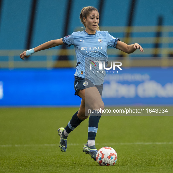 Laia Aleixandri #4 of Manchester City W.F.C. participates in the Barclays FA Women's Super League match between Manchester City and West Ham...