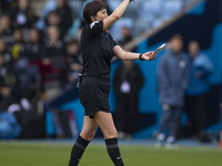 Referee Jane Simms officiates during the Barclays FA Women's Super League match between Manchester City and West Ham United at the Joie Stad...